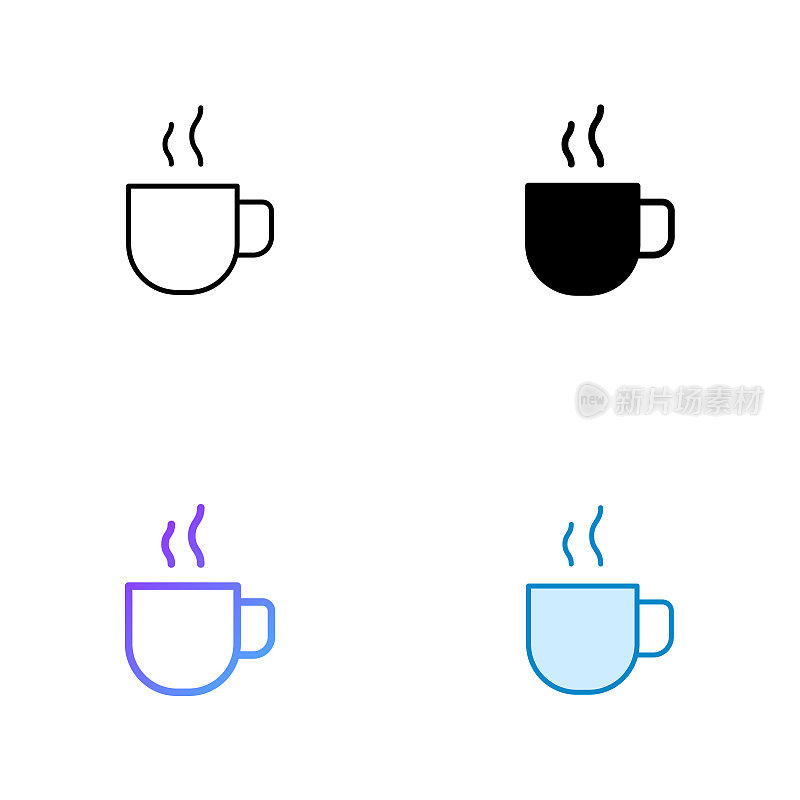 咖啡杯图标设计在四种风格与可编辑中风。线，实线，平线和颜色梯度线。适合网页，移动应用，UI, UX和GUI设计。